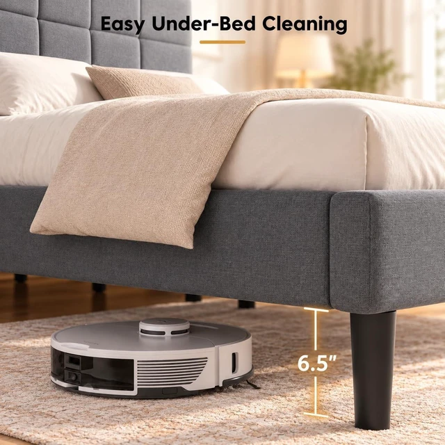 Alt view image 6 of 7 - Queen Size Bed Frame with Headboard, Modern Bed Frame, Gray | Upholstered Queen Platform Bed Frame, Sturdy Bed with 12 Slats & 1300 IBS Capacity, Fits 6"-14" Mattress, Easy Assembly
