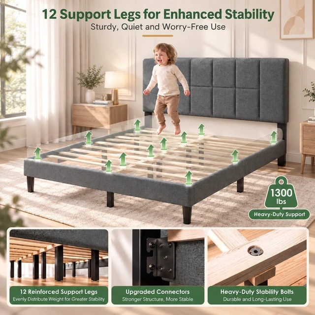Alt view image 7 of 7 - Queen Size Bed Frame with Headboard, Modern Bed Frame, Gray | Upholstered Queen Platform Bed Frame, Sturdy Bed with 12 Slats & 1300 IBS Capacity, Fits 6"-14" Mattress, Easy Assembly