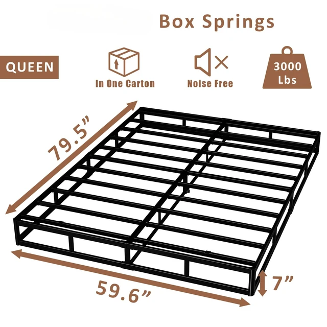 Alt view image 2 of 7 - 7 Inch Queen Box Spring - Metal Frame Mattress Foundation Memory Foam Basics Bed Base Heavy Duty Box Springs No Noise, 3000lbs Max Weight Capacity