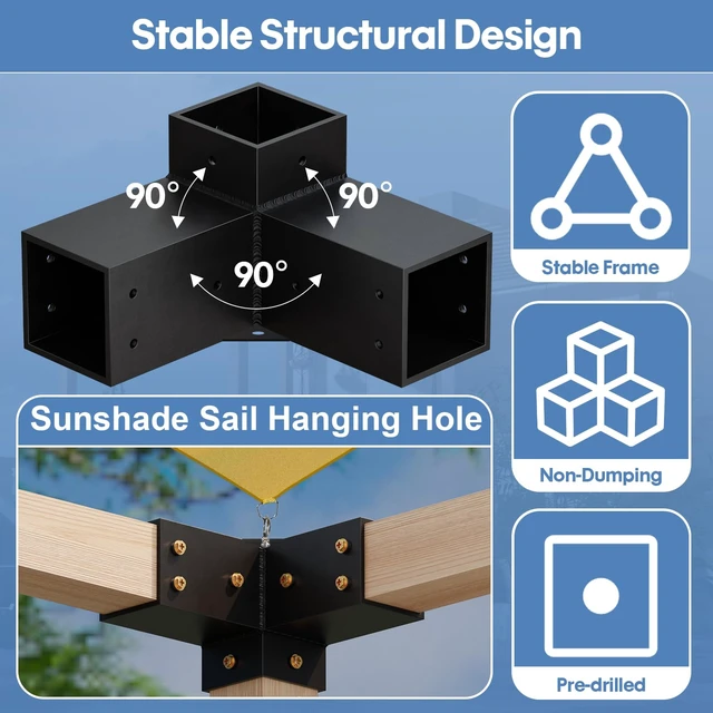Alt view image 4 of 7 - Pergola Kit, Heavy Duty 3-Way Pergola Brackets for 4"x 4" (Actual 3.5" X 3.5") Lumber,DIY Rust-Proof Gazebo Bracket Kit with Right Angle Corner Bracket, Gazebo Hardware Kits for Patio Backyard Outdoor