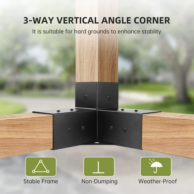 Alt view image 4 of 7 - Pergola Kit, Pergola Brackets 3-Way Right Angle Corner Bracket Woodworks DIY Post Base Kit, Wooden Beams for Gazebos Patio Pergolas Log Cabin