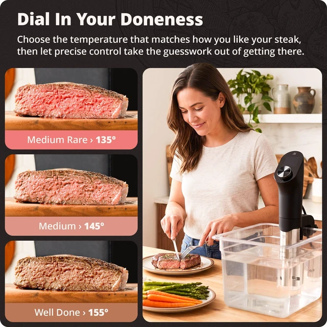 Alt view image 2 of 7 - Sous Vide Cooker, 1100W, No App or WiFi Needed (Onyx Black) | Quiet Brushless Immersion Circulator, Stainless Steel Cover, Precision Dial Control, Calibration & Steady Temps for 15L Baths