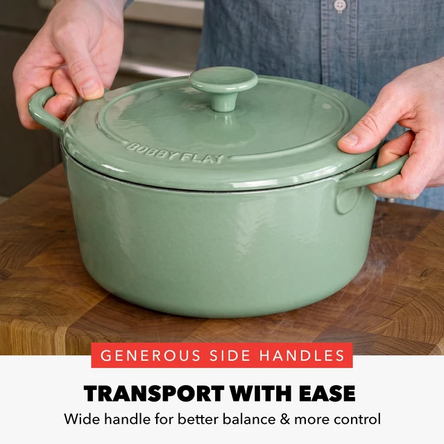 Alt view image 2 of 5 - x Bobby Flay 5.5QT Enameled Cast Iron Dutch Oven With Lid, Green | Casserole Pot for Braising, Stews, Bread Baking & Searing, Self-Basting Lid, Induction Ready, Oven Safe To 500, Gold Lid Knob