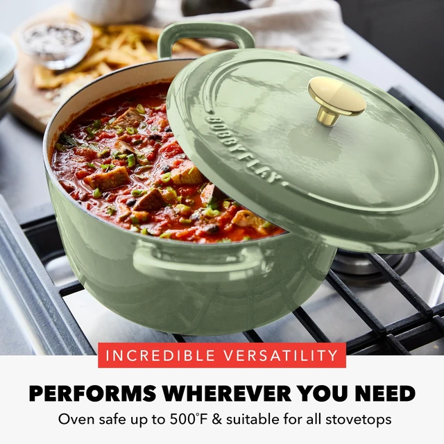 Alt view image 3 of 5 - x Bobby Flay 5.5QT Enameled Cast Iron Dutch Oven With Lid, Green | Casserole Pot for Braising, Stews, Bread Baking & Searing, Self-Basting Lid, Induction Ready, Oven Safe To 500, Gold Lid Knob