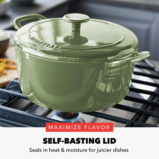 Alt view image 4 of 5 - x Bobby Flay 5.5QT Enameled Cast Iron Dutch Oven With Lid, Green | Casserole Pot for Braising, Stews, Bread Baking & Searing, Self-Basting Lid, Induction Ready, Oven Safe To 500, Gold Lid Knob