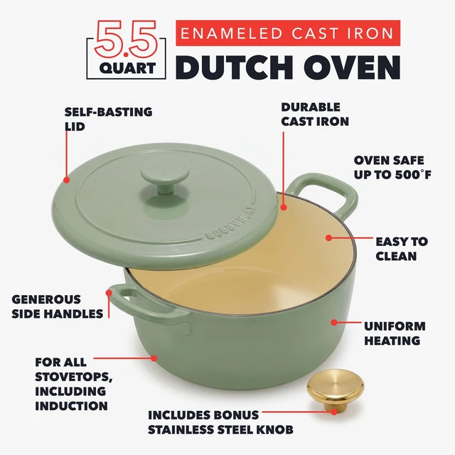 Alt view image 5 of 5 - x Bobby Flay 5.5QT Enameled Cast Iron Dutch Oven With Lid, Green | Casserole Pot for Braising, Stews, Bread Baking & Searing, Self-Basting Lid, Induction Ready, Oven Safe To 500, Gold Lid Knob