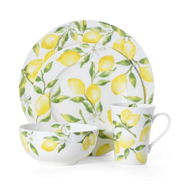 Alt view image 2 of 7 - Lemons 16-Piece Bone China Dinnerware Set, Service for 4, Includes Dinner Plates, Salad Plates, Cereal Bowls and Mugs, Dishwasher and Microwave Safe