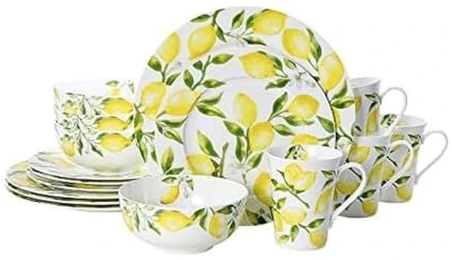 Main image of Lemons 16-Piece Bone China Dinnerware Set, Service for 4, Includes Dinner Plates, Salad Plates, Cereal Bowls and Mugs, Dishwasher and Microwave Safe