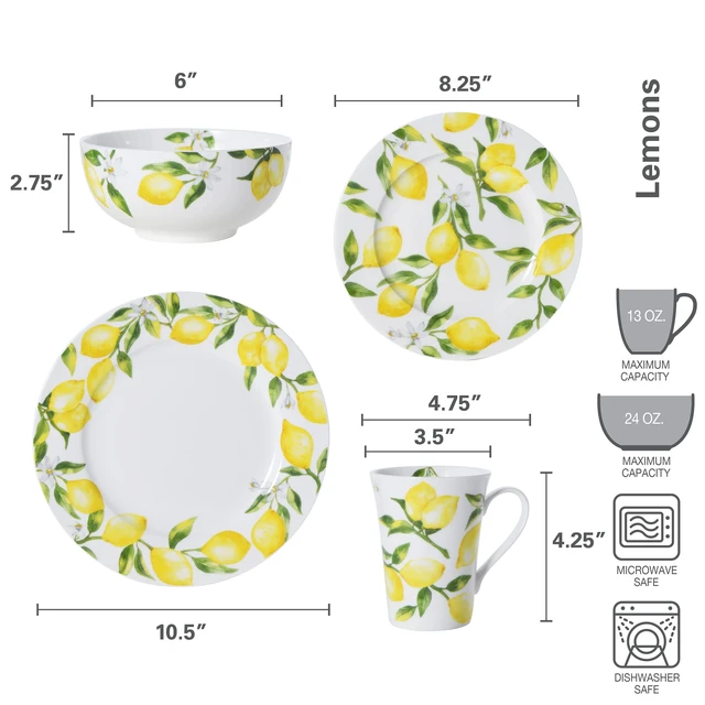 Alt view image 4 of 7 - Lemons 16-Piece Bone China Dinnerware Set, Service for 4, Includes Dinner Plates, Salad Plates, Cereal Bowls and Mugs, Dishwasher and Microwave Safe