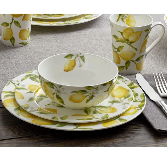 Alt view image 5 of 7 - Lemons 16-Piece Bone China Dinnerware Set, Service for 4, Includes Dinner Plates, Salad Plates, Cereal Bowls and Mugs, Dishwasher and Microwave Safe