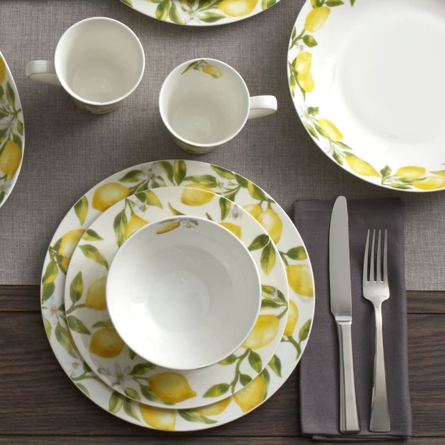 Alt view image 6 of 7 - Lemons 16-Piece Bone China Dinnerware Set, Service for 4, Includes Dinner Plates, Salad Plates, Cereal Bowls and Mugs, Dishwasher and Microwave Safe