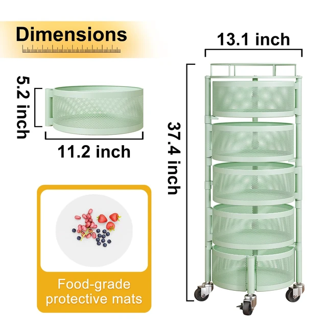 Alt view image 2 of 7 - 5-Tier Fruit and Vegetable Basket Bowls for Kitchen, Rotating, Green | Metal Top Lid, Rolling Storage Rack Cart for Potato, Onion &Fruit, Large Wire Basket Organizer for Kitchen Counter, Pantry