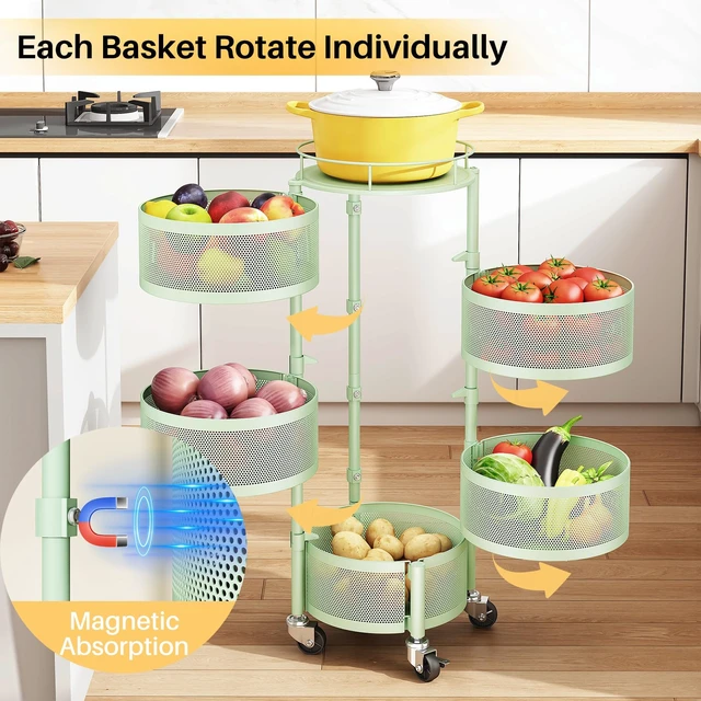 Alt view image 3 of 7 - 5-Tier Fruit and Vegetable Basket Bowls for Kitchen, Rotating, Green | Metal Top Lid, Rolling Storage Rack Cart for Potato, Onion &Fruit, Large Wire Basket Organizer for Kitchen Counter, Pantry