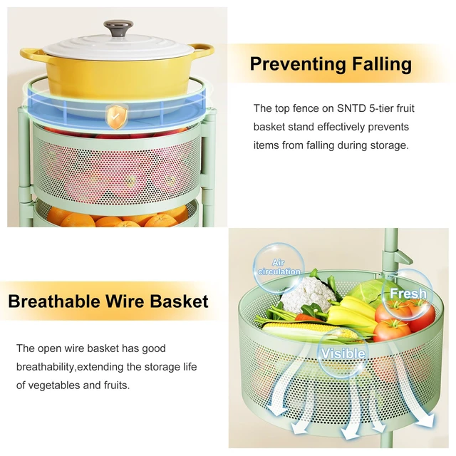 Alt view image 4 of 7 - 5-Tier Fruit and Vegetable Basket Bowls for Kitchen, Rotating, Green | Metal Top Lid, Rolling Storage Rack Cart for Potato, Onion &Fruit, Large Wire Basket Organizer for Kitchen Counter, Pantry