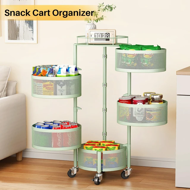 Alt view image 5 of 7 - 5-Tier Fruit and Vegetable Basket Bowls for Kitchen, Rotating, Green | Metal Top Lid, Rolling Storage Rack Cart for Potato, Onion &Fruit, Large Wire Basket Organizer for Kitchen Counter, Pantry