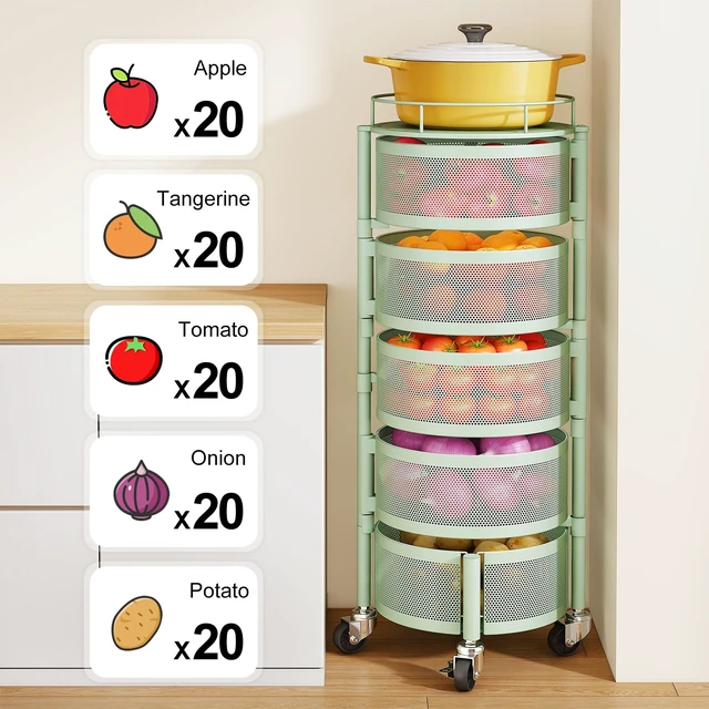 Alt view image 6 of 7 - 5-Tier Fruit and Vegetable Basket Bowls for Kitchen, Rotating, Green | Metal Top Lid, Rolling Storage Rack Cart for Potato, Onion &Fruit, Large Wire Basket Organizer for Kitchen Counter, Pantry
