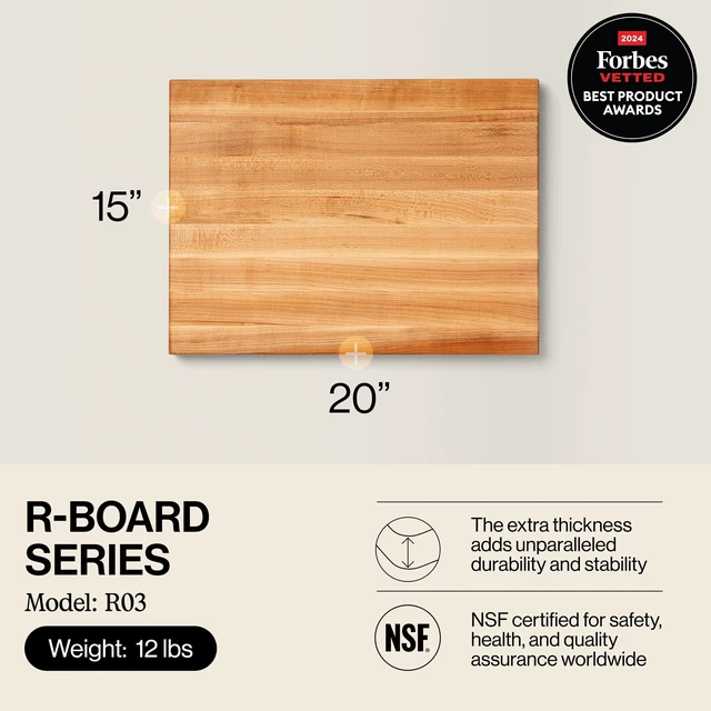 Alt view image 2 of 7 - R-Board Series Rectangular Wooden Maple Cutting Board 20x15 1.5 Thick, 12-lb Reversible Butcher Block with Edge-Grain & Finger Grips Made in the USA
