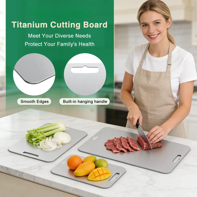 Alt view image 5 of 7 - 100% Pure Titanium Cutting Board Set of 3, Cutting Boards for Kitchen | Easy to clean, Dishwasher Safe Double Sided Non-Toxic Chopping Boards for Meats, Fruits, Vegetables and Cooked Food Prep