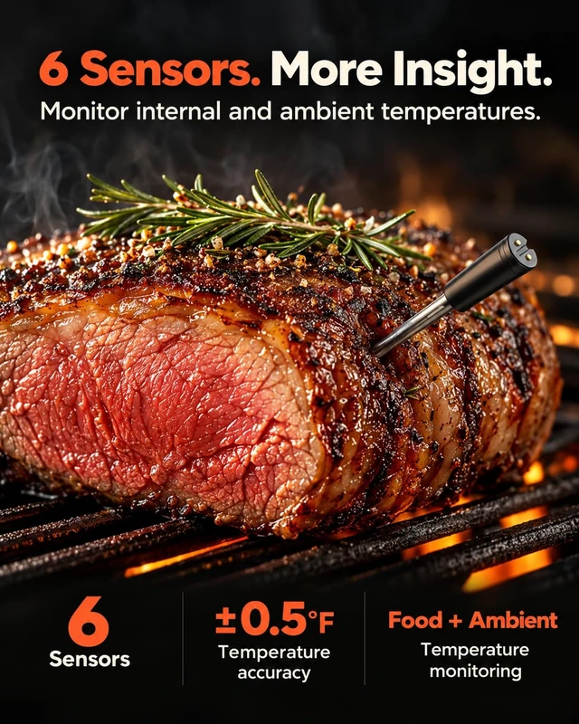Alt view image 2 of 7 - Wireless Meat Thermometer, 2 Probes, Smart Base, 6 Sensors | APP Control & Real-Time Alert, Commercial-Grade NIST Certified Accuracy, for Restaurant Kitchen, BBQ/Grill/Oven