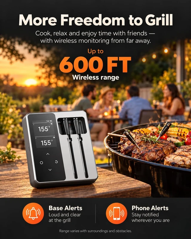 Alt view image 3 of 7 - Wireless Meat Thermometer, 2 Probes, Smart Base, 6 Sensors | APP Control & Real-Time Alert, Commercial-Grade NIST Certified Accuracy, for Restaurant Kitchen, BBQ/Grill/Oven