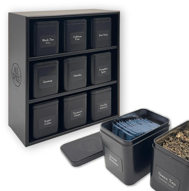 Main image of Tea Organizer Rack with 9 Tins & 160 Magnetic Labels Perfect for Bagged & Loose Leaf Tea Organization - Black