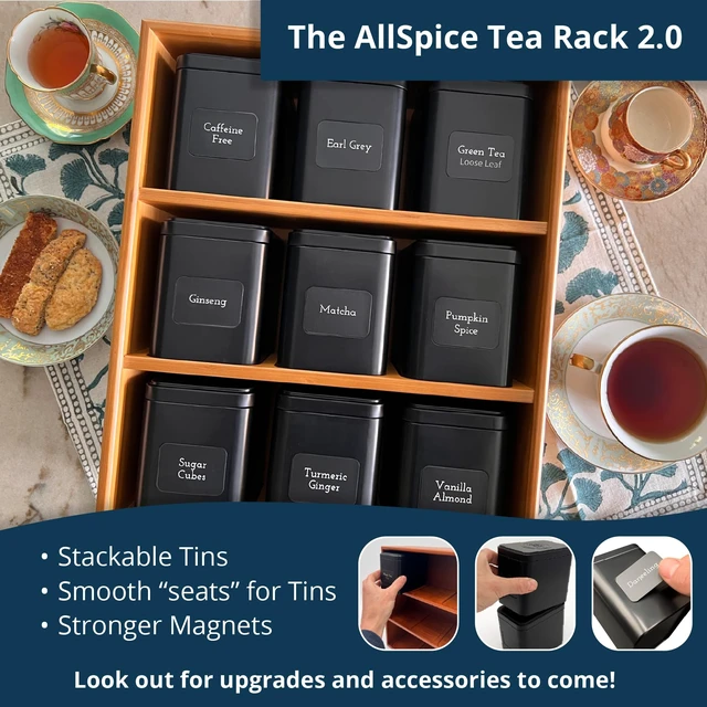 Alt view image 2 of 7 - Tea Organizer Rack with 9 Tins & 160 Magnetic Labels Perfect for Bagged & Loose Leaf Tea Organization - Black