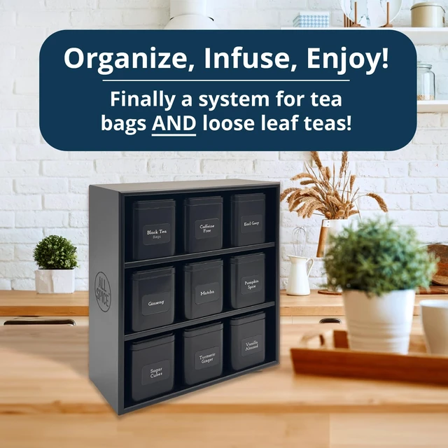 Alt view image 3 of 7 - Tea Organizer Rack with 9 Tins & 160 Magnetic Labels Perfect for Bagged & Loose Leaf Tea Organization - Black