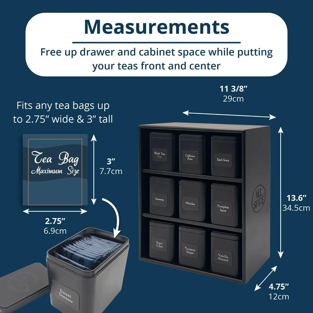 Alt view image 4 of 7 - Tea Organizer Rack with 9 Tins & 160 Magnetic Labels Perfect for Bagged & Loose Leaf Tea Organization - Black