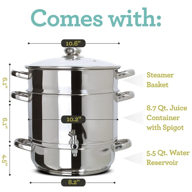 Alt view image 2 of 4 - EC9500 Stove Top Steam Juicer, Stainless Steel Steam Juice Extractor, 5 Qt. Water Reservoir, 8 Qt. Juice Container with Spigot, 8 Qt. Steamer Basket, Glass Lid - Steam Juicer for Canning