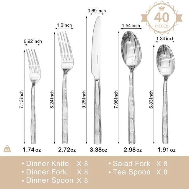 Alt view image 3 of 7 - 40-Piece Silverware Set, 18/10 Stainless Steel Flatware Set for 8 | Brushed Handle Cutlery Set, for Kitchen, Home, Party, Wedding Gift, Rust Resistant and Dishwasher Safe