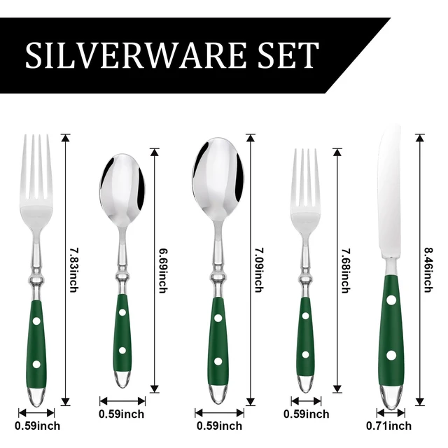 Alt view image 2 of 7 - 20-Piece Silverware Set, Vintage Stainless Steel Flatware (Green) | Green Bakelite Handle, Service for 4, Cutlery Set, Mirror Polished | Rustic | Dishwasher Safe