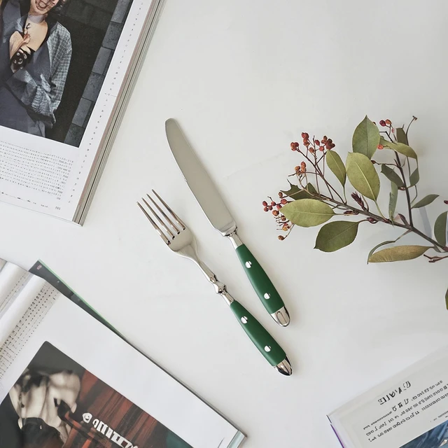 Alt view image 4 of 7 - 20-Piece Silverware Set, Vintage Stainless Steel Flatware (Green) | Green Bakelite Handle, Service for 4, Cutlery Set, Mirror Polished | Rustic | Dishwasher Safe