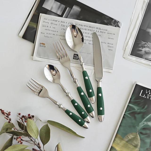 Alt view image 3 of 7 - 20-Piece Silverware Set, Vintage Stainless Steel Flatware (Green) | Green Bakelite Handle, Service for 4, Cutlery Set, Mirror Polished | Rustic | Dishwasher Safe