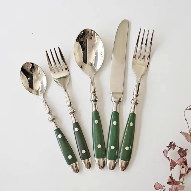 Alt view image 6 of 7 - 20-Piece Silverware Set, Vintage Stainless Steel Flatware (Green) | Green Bakelite Handle, Service for 4, Cutlery Set, Mirror Polished | Rustic | Dishwasher Safe