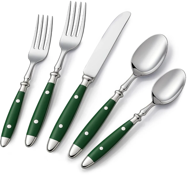 Main image of 20-Piece Silverware Set, Vintage Stainless Steel Flatware (Green) | Green Bakelite Handle, Service for 4, Cutlery Set, Mirror Polished | Rustic | Dishwasher Safe