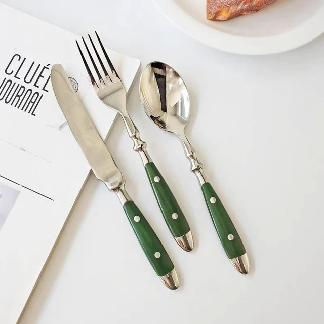 Alt view image 5 of 7 - 20-Piece Silverware Set, Vintage Stainless Steel Flatware (Green) | Green Bakelite Handle, Service for 4, Cutlery Set, Mirror Polished | Rustic | Dishwasher Safe