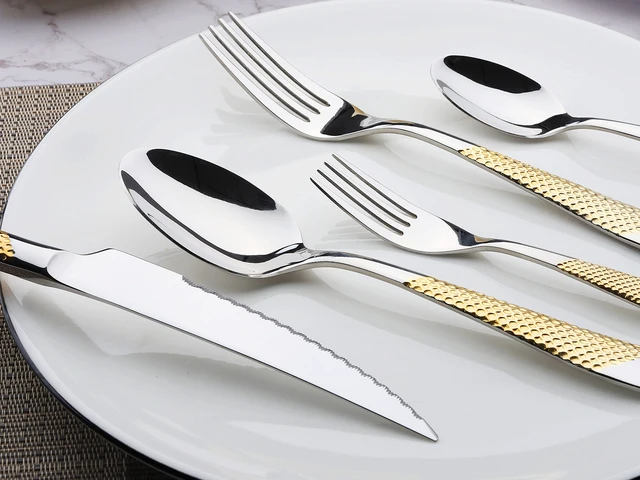 Alt view image 5 of 6 - 40-Piece Gold Silverware Set Stainless Steel Flatware Set Cutlery Set | Service for 8 Kitchen Utensils Set Includes Knives Spoons Forks For Home Kitchen Hotel