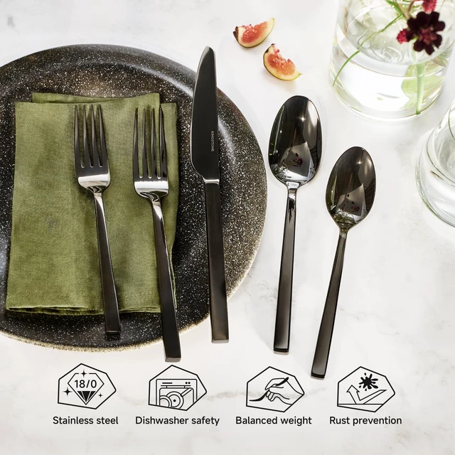 Alt view image 3 of 7 - Black Silverware Set for 8, 40 Piece Flatware Set, Stainless Steel | Square Handles, Mirror Polished, Dishwasher Safe, Sturdy, for Home Kitchen, Weddings, Parties & Housewarming