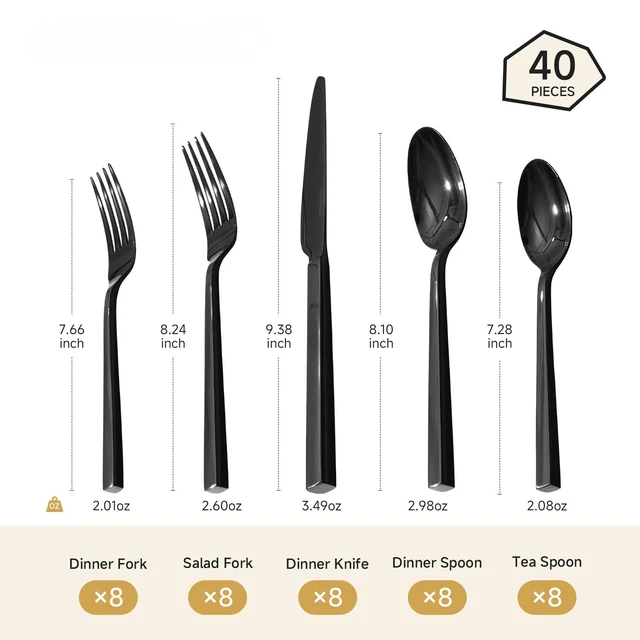Alt view image 2 of 7 - Black Silverware Set for 8, 40 Piece Flatware Set, Stainless Steel | Square Handles, Mirror Polished, Dishwasher Safe, Sturdy, for Home Kitchen, Weddings, Parties & Housewarming