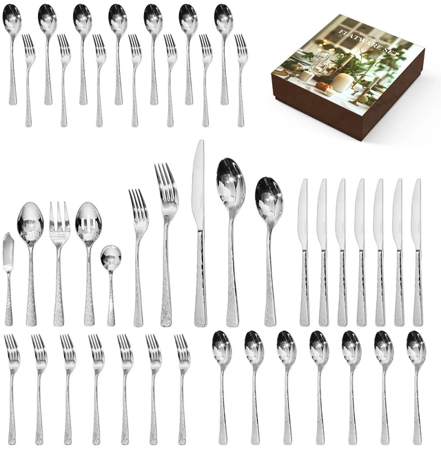 Main image of 45 Pcs 18/10 Steel Silverware Set with Serving Utensils, Hammered Flatware | Hammered Ripple Handles, Serving Utensils, for 8, Dishwasher Safe, Rust Resistant, Gift Box, for Weddings & Parties