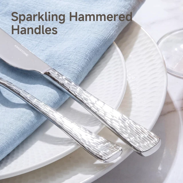 Alt view image 3 of 7 - 45 Pcs 18/10 Steel Silverware Set with Serving Utensils, Hammered Flatware | Hammered Ripple Handles, Serving Utensils, for 8, Dishwasher Safe, Rust Resistant, Gift Box, for Weddings & Parties