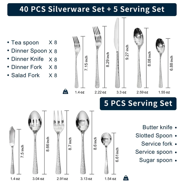 Alt view image 2 of 7 - 45 Pcs 18/10 Steel Silverware Set with Serving Utensils, Hammered Flatware | Hammered Ripple Handles, Serving Utensils, for 8, Dishwasher Safe, Rust Resistant, Gift Box, for Weddings & Parties