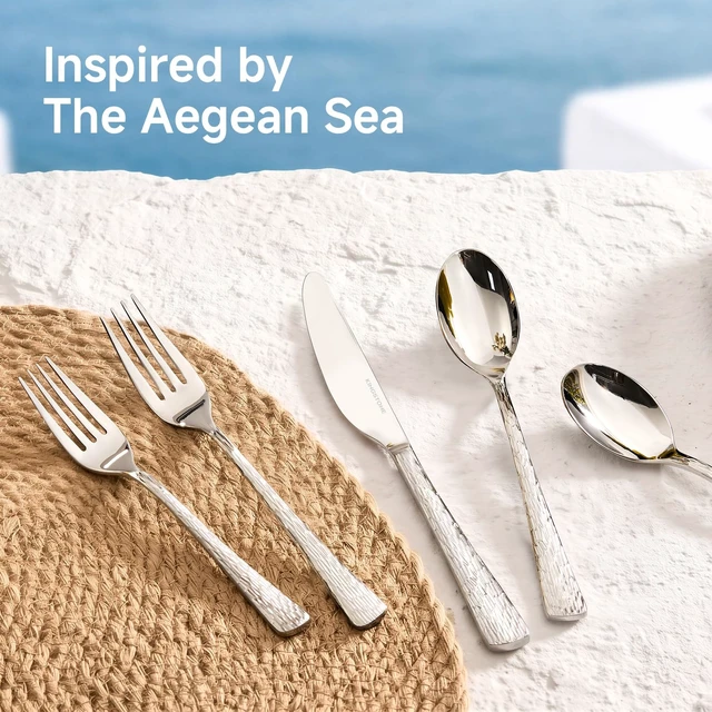 Alt view image 4 of 7 - 45 Pcs 18/10 Steel Silverware Set with Serving Utensils, Hammered Flatware | Hammered Ripple Handles, Serving Utensils, for 8, Dishwasher Safe, Rust Resistant, Gift Box, for Weddings & Parties