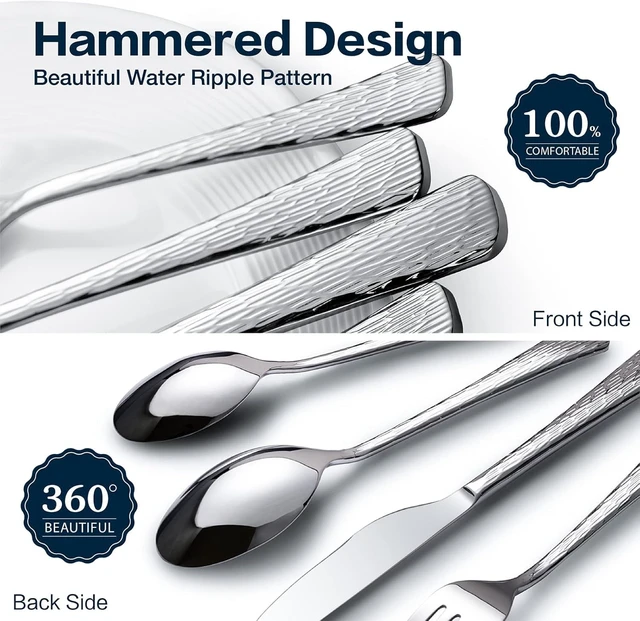 Alt view image 7 of 7 - 45 Pcs 18/10 Steel Silverware Set with Serving Utensils, Hammered Flatware | Hammered Ripple Handles, Serving Utensils, for 8, Dishwasher Safe, Rust Resistant, Gift Box, for Weddings & Parties