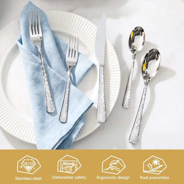 Alt view image 6 of 7 - 45 Pcs 18/10 Steel Silverware Set with Serving Utensils, Hammered Flatware | Hammered Ripple Handles, Serving Utensils, for 8, Dishwasher Safe, Rust Resistant, Gift Box, for Weddings & Parties