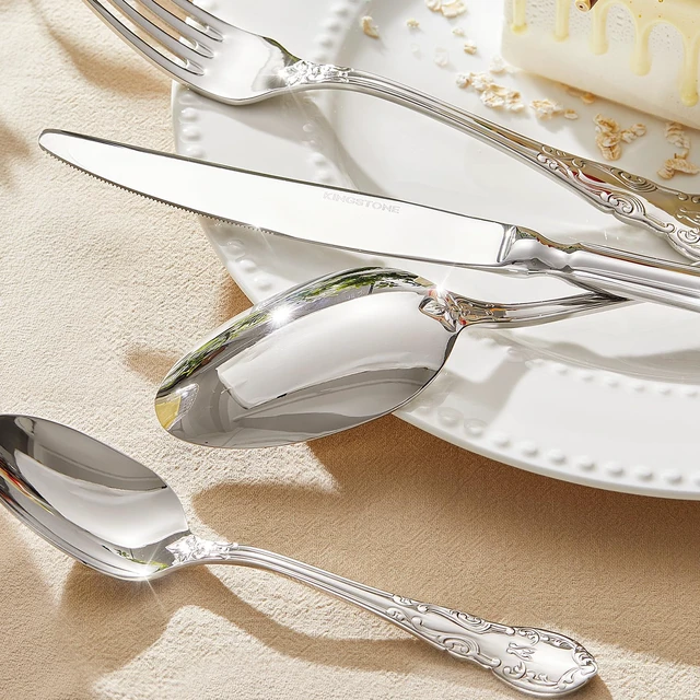 Alt view image 5 of 7 - 40-Piece Vintage Silverware Set, 18/10 Stainless Steel Flatware | Retro Utensils, Cutlery Set, Mirror Polished Finish, Dishwasher Safe, for Home, Wedding & Housewarming Gift