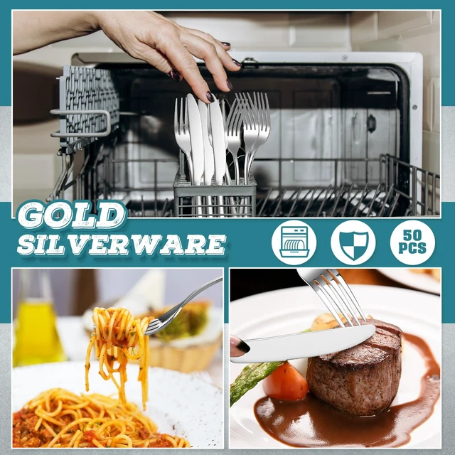 Alt view image 6 of 7 - 100 Pieces Stainless Steel forks and knives Dinner Flatware Set Tableware Cutlery for Butter Kitchen Restaurant, Dishwasher Safe(Silver,9.06 Inches, 8.07 Inches)