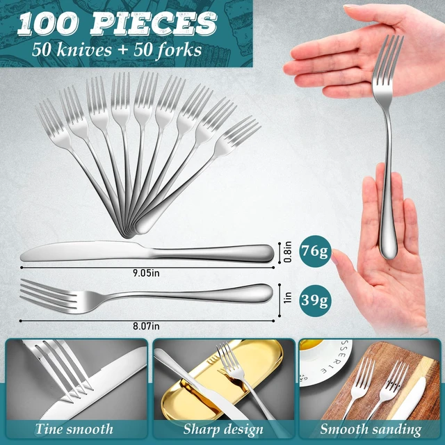 Alt view image 2 of 7 - 100 Pieces Stainless Steel forks and knives Dinner Flatware Set Tableware Cutlery for Butter Kitchen Restaurant, Dishwasher Safe(Silver,9.06 Inches, 8.07 Inches)