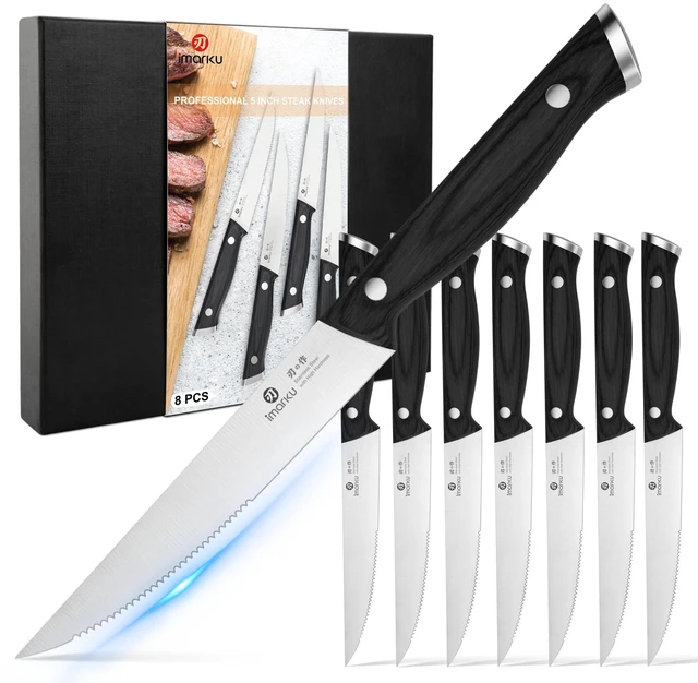 Main image of Japanese Steak Knives Set of 8, Serrated blade, Pakkawood Handle | Serrated steak knife with non-slip Pakkawood handle, rust-proof blade, perfect for BBQ, restaurant, holiday dinners