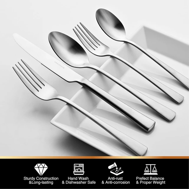 Alt view image 2 of 7 - 18/10 Flatware set for 12, 60 Piece Matte Stainless Steel Silverware Set | Forged Flatware Cutlery Set, Mirror Polished Knives Fork and Spoon Utensils, Dishwaher Safe for Home Wedding Party
